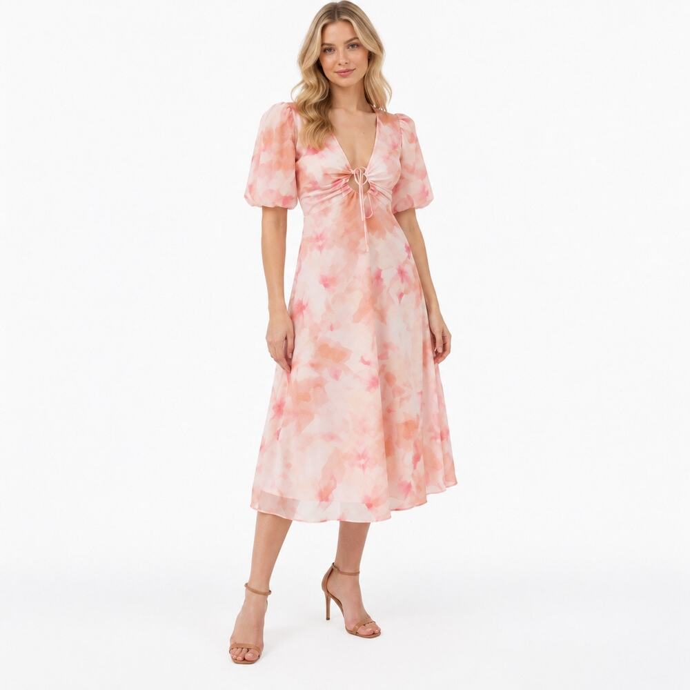 Bardot Farlow Sunshine Watercolor Puff Sleeve Midi Wedding Guest Dress Size XS 2